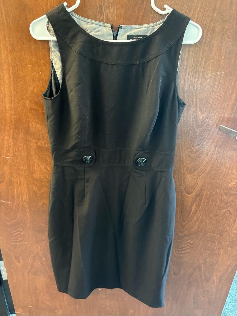 Tahari Black Sleeveless Midi Dress with Decorative Front Buttons